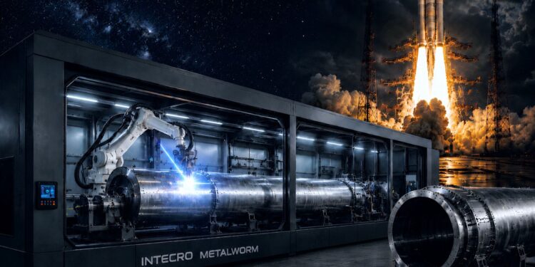 Representative image of the next-generation robotic manufacturing system developed by Intecro and MetalWorm for launch vehicle production.