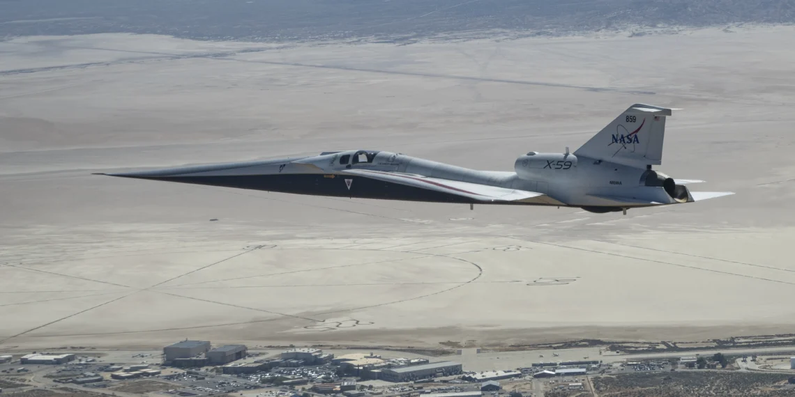 NASA X-59 quiet supersonic research aircraft low-altitude flight test at Armstrong Flight Research Center.