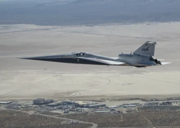 NASA X-59 quiet supersonic research aircraft low-altitude flight test at Armstrong Flight Research Center.