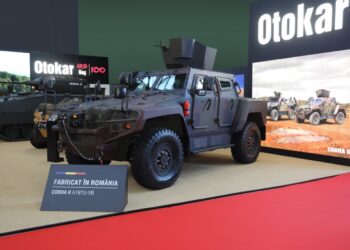 The first COBRA II armored vehicle produced in Romania displayed at Otokar booth during BSDA 2026.