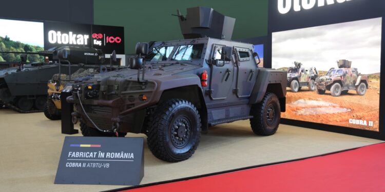 The first COBRA II armored vehicle produced in Romania displayed at Otokar booth during BSDA 2026.