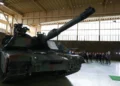 The M1 Abrams main battle tank at the WZL-1 hangar during the official signing ceremony for the engine maintenance center in Poland.