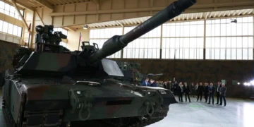 The M1 Abrams main battle tank at the WZL-1 hangar during the official signing ceremony for the engine maintenance center in Poland.