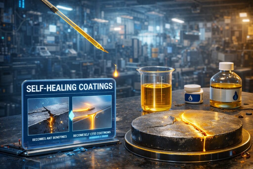 Laboratory testing of self-healing coating technology showing a surface crack being repaired by a chemical healing agent.