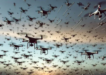 AI systems and military personnel analyzing digital warfare data on a tactical battlefield.