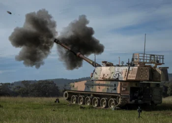 Australian Army's new AS9 Huntsman self-propelled howitzer during a live-fire training exercise at Puckapunyal.