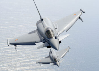 Spanish Air Force Eurofighter Typhoon fighter jets testing the new ECRS Mk1 AESA radar
