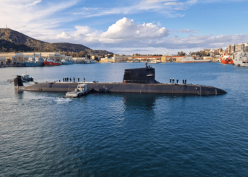 Spanish Navy's S-80 class S-83 Cosme García submarine maneuvering at Cartagena shipyard