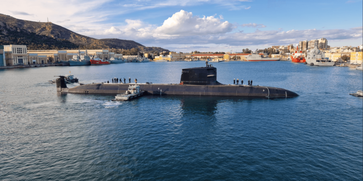 Spanish Navy's S-80 class S-83 Cosme García submarine maneuvering at Cartagena shipyard
