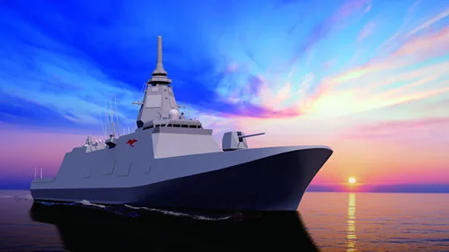 A render of the Upgraded Mogami-class frigate (06FFM) for the Royal Australian Navy, featuring OKI passive sonar technology. Courtesy of Mitsubishi Heavy Industries.