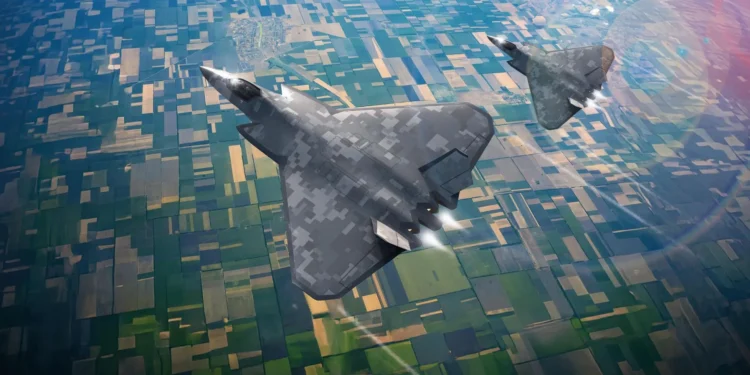 GCAP next-generation stealth fighter jet flying over agricultural landscape.