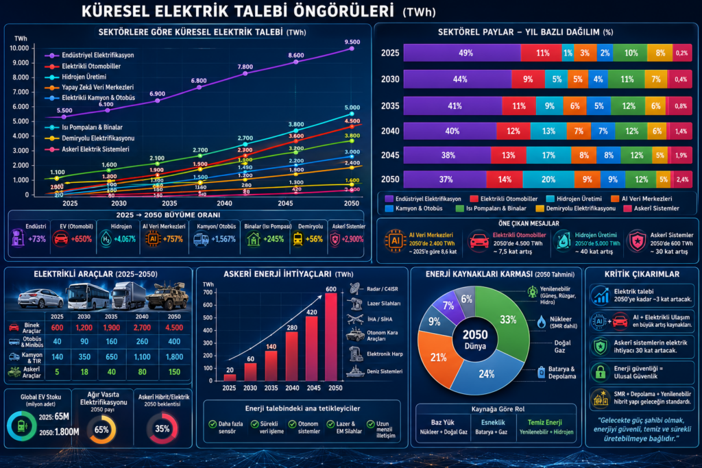 Küresel elektrik talebi ve yapay zekâ enerji öngörüleri infografiği