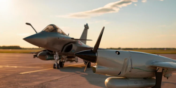 Rafale F4 fighter jet conducting a flight test equipped with the NAMIB electronic warfare system.