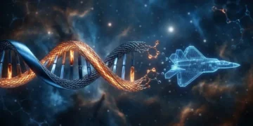 Illustration of nanotechnology and molecular materials science applications in aerospace and defense aviation.