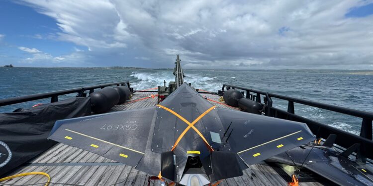 The Nyan OWE kamikaze drone prepares for launch from the deck of the Royal Navy experimental ship XV Patrick Blackett.