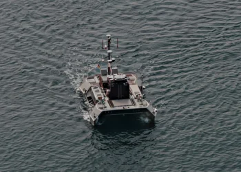 Pioneer USV, which hosts the battery-free drone system, in open sea trials