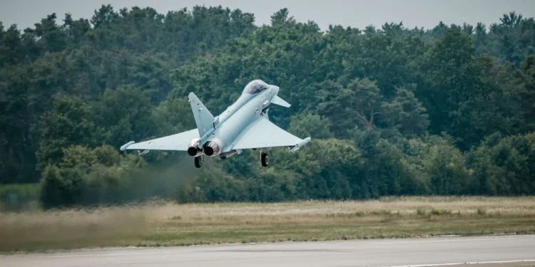 Quadriga Eurofighter (Tranche 4) combat aircraft during its first test flight at Manching.