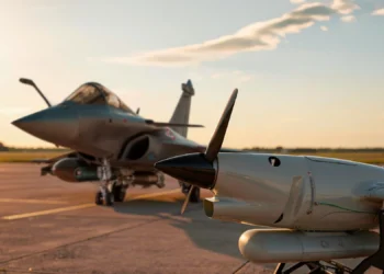 Dassault Aviation üretimi Rafale F4 savaş uçağı ile Harmattan AI iş birliğinde geliştirilen NAMIB elektronik harp sistemi, pist üzerinde yan yana.