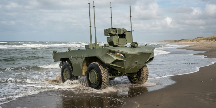 FNSS İ-ZAHA unmanned amphibious vehicle emerging from the sea onto a sandy beach during testing