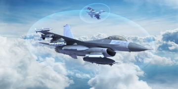 Peru F-16 Block 70 fighter jet equipped with L3Harris Viper Shield electronic warfare system, shown in flight surrounded by a digital protection shield