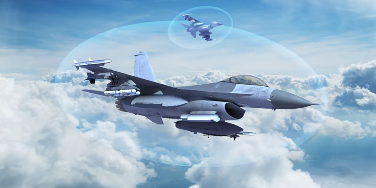 Peru F-16 Block 70 fighter jet equipped with L3Harris Viper Shield electronic warfare system, shown in flight surrounded by a digital protection shield