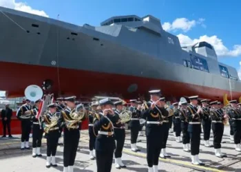 Miecznik frigate ORP Wicher launch and christening ceremony at the shipyard in Gdynia