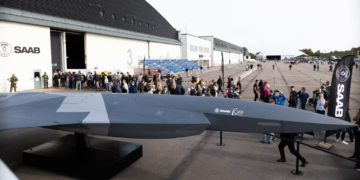 Saab A3-001 full-scale uncrewed combat air system concept model displayed at the Jubilee Air Show