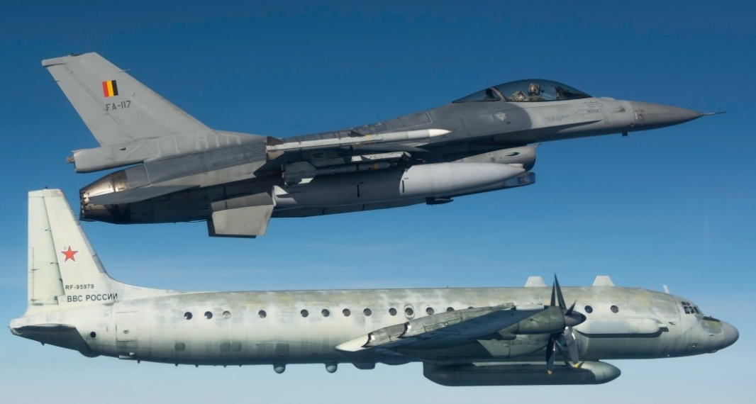 Belgian defence F-16 fighter jet conducting interception flight operations
