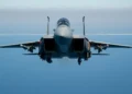 F-15EX Eagle II fighter jet flying over the Gulf of America