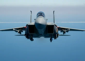 F-15EX Eagle II fighter jet flying over the Gulf of America