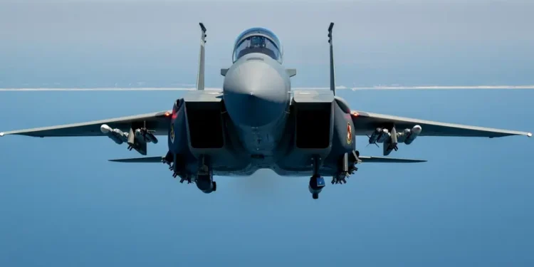F-15EX Eagle II fighter jet flying over the Gulf of America