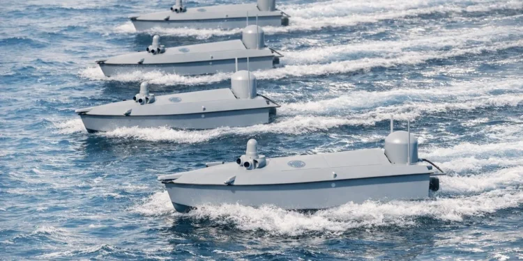 MKE PİRANA kamikaze unmanned surface vehicles (USV) sailing in swarm formation at sea