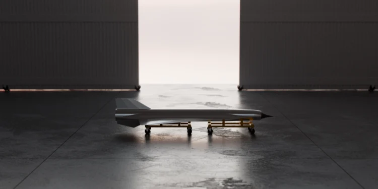 Hermeus Ramjet-X test vehicle on wheeled dolly inside hangar