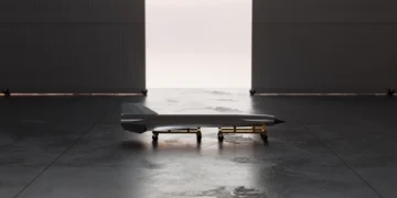 Hermeus'un Ramjet-X test aracının hangar önünde teker üzerindeki görüntüsü