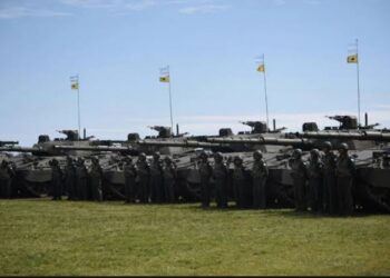 Argentine Army TAM 2C-A2 tank squadron and crews lined up in Magdalena